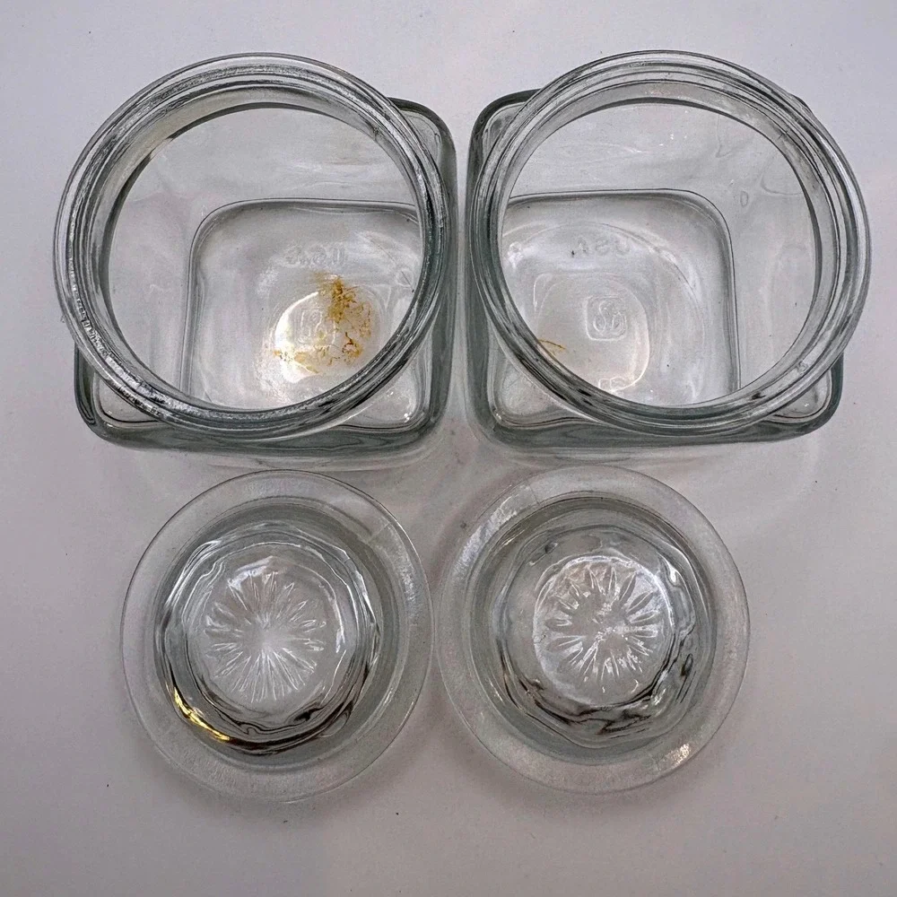 2 Vtg Anchor Hocking Mini Square Glass Canisters Starburst Glass-On-Glass Lids